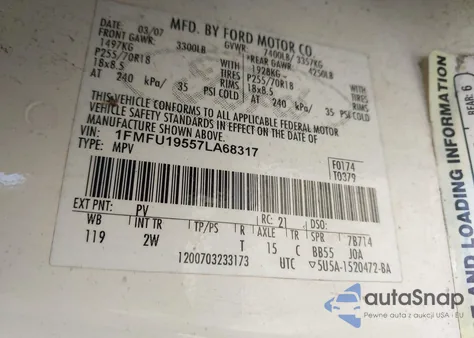 2007 Ford Expedition Limited z USA, uszkodzony, nr VIN 1FMFU19557LA68317